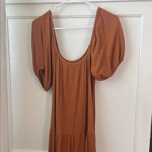 Brown gauze Puff Sleeve Dress